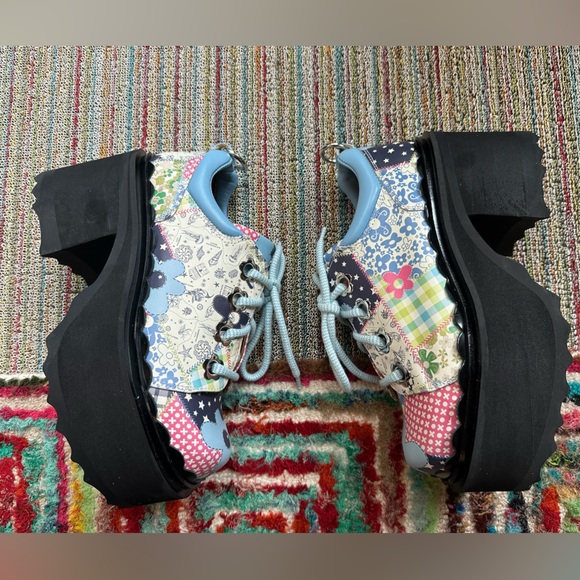 Fluevog NEW WO BOX Skyhigh F Fizzy blue/flowery leather platform lace-up shoe 10 - Picture 10 of 16